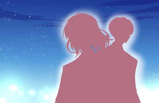 スーツを着た前向きな背中合わせの男女　社会人　夜　シルエット