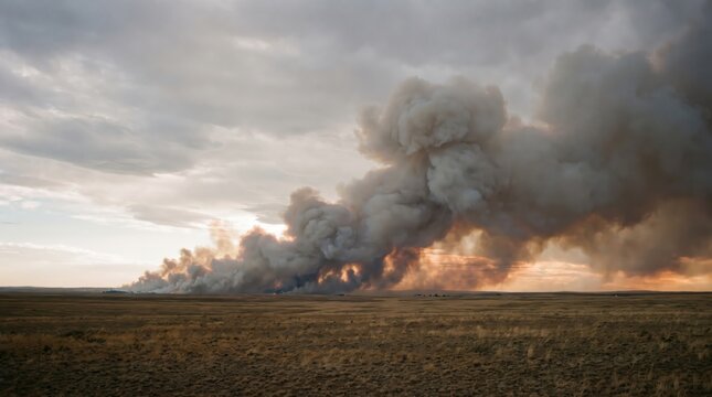Massive plume of thick smoke rising from distant wildfire over field