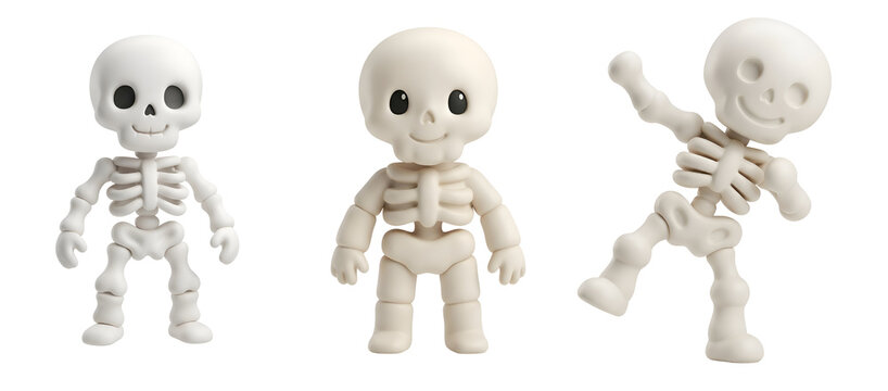 Three cute chibi skeletons with different funny poses displayed as stylized 3d white plastic characters for holiday design projects isolated on transparent background
