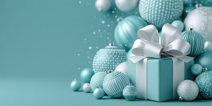 Elegant teal gift box with white bow surrounded by festive ornaments and snow on blue background.