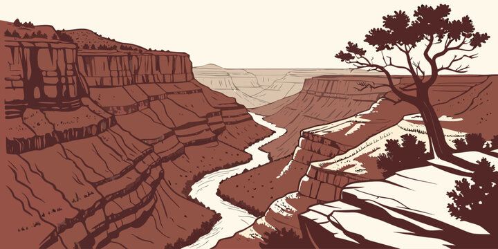 Graphic illustration of the grand canyon scenic view with winding river and lone tree on the cliff