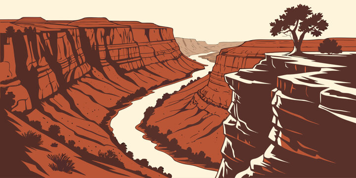 Graphic illustration of a deep canyon with winding river and single tree on red rock ledge grand canyon rock formation