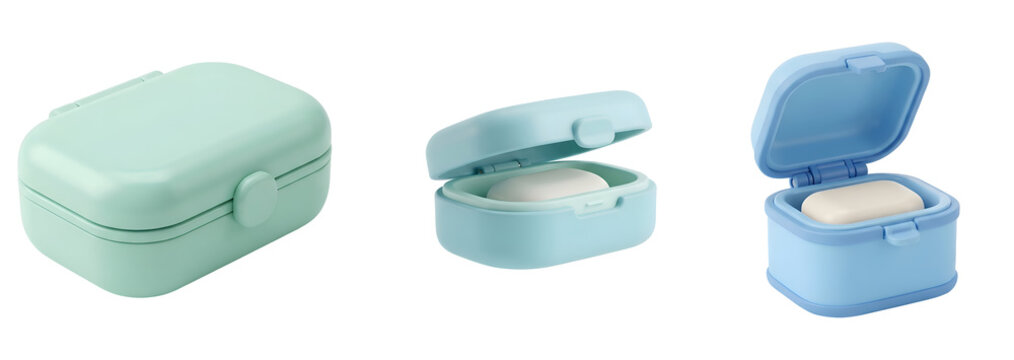 Pastel colored plastic soap cases featuring rounded rectangular containers for travel convenience presented in various opening states with smooth matte finish surfaces on transparent background