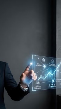 Businessman touching virtual screen with growth charts and skill analytics