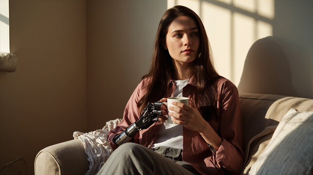 Young Woman with Bionic Prosthetic Arm Holding Coffee Cup in Sunlit Living Room