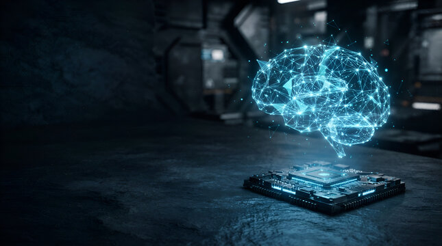 Glowing digital brain hologram emerging from microchip on dark industrial surface