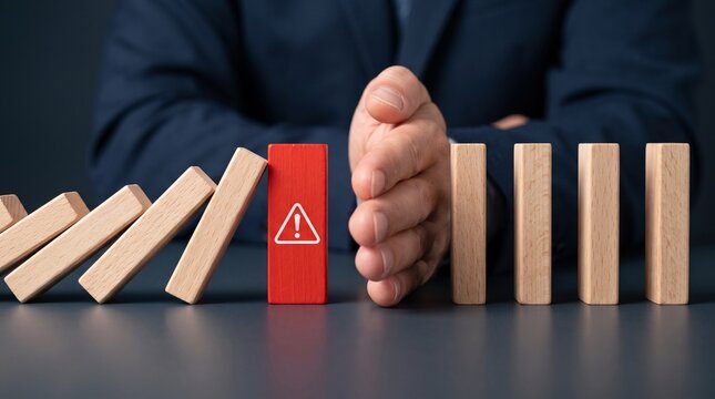 Business Continuity and Risk Mitigation with Hand Stopping Warning Domino to Prevent Chain Reaction, Crisis and Operational Failure