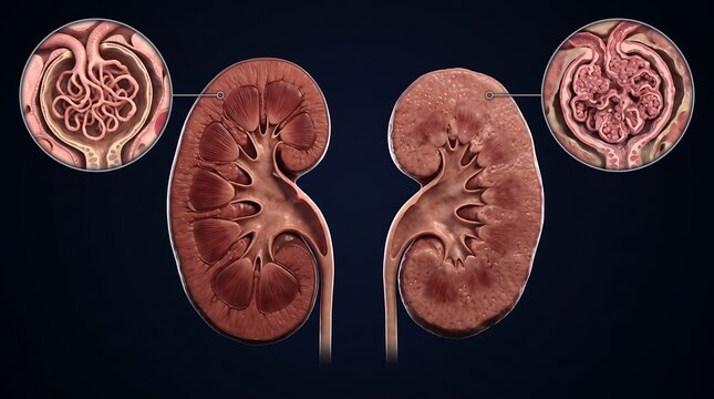 Comparison of healthy and diseased human kidneys with magnified views of their respective glomeruli.