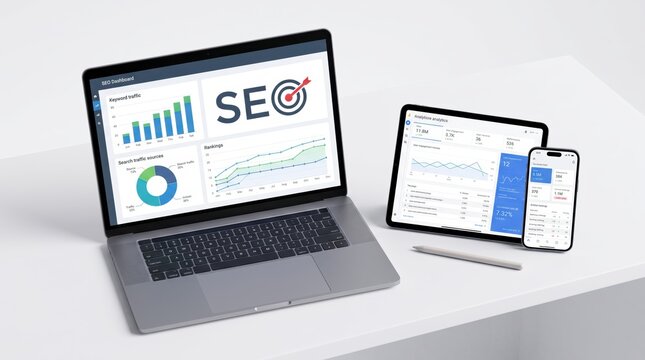 SEO dashboard analytics displayed on laptop tablet and smartphone screens, search engine optimization data visualization, digital marketing strategy performance metrics tracking tools