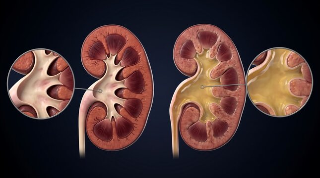 Detailed comparison of a healthy human kidney with an infected or diseased kidney, highlighting internal structural differences.