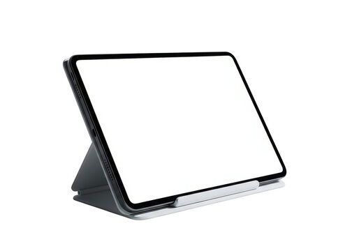 Modern tablet computer with a blank screen on a stand isolated on transparent background
