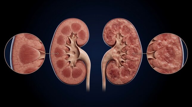Medical illustration comparing polycystic kidney disease with chronic kidney disease, showing structural differences and damage.