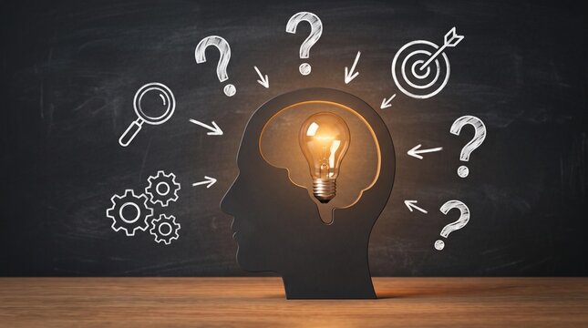 Critical Thinking and Problem Analysis Concept with Human Mind, Questions, Target and Light Bulb Representing Strategic Solutions