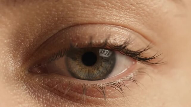 Extreme macro video shot of a beautiful human hazel eye opening, looking directly into the camera, blinking, showing iris detail, skin texture, and eyelashes. Ideal for healthcare and beauty concepts.