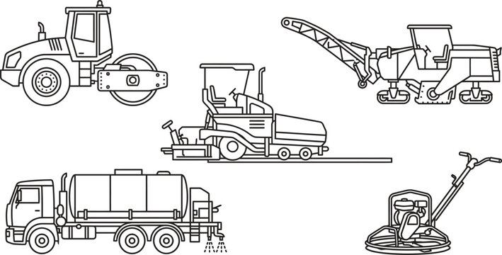 Heavy Asphalt Paving and Road Construction Machinery Line Icon Set Featuring Road Roller Compactor, Asphalt Paver, Cold Planer Milling Machine, Bitumen Distributor Truck, and Concrete Power Trowel