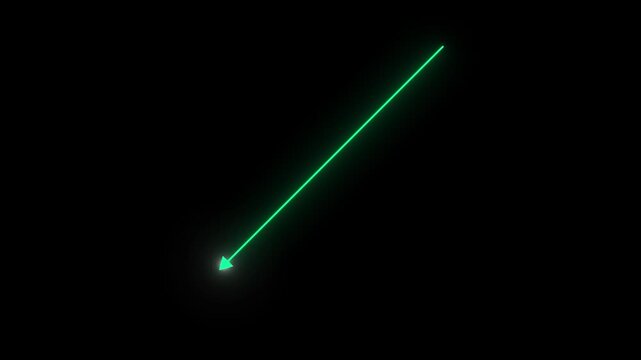 glowing green neon arrow pointing down, indicating decrease or negative trend on a dark background, perfect for business and finance data visualization and modern tech presentations.