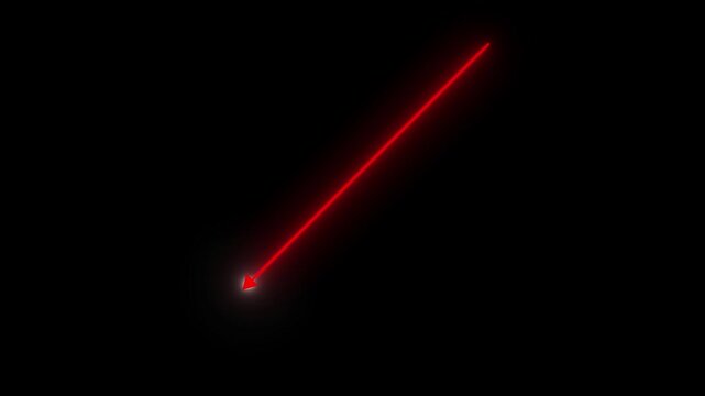 glowing red arrow pointing down moving diagonally across dark background. business crisis market decline and failure concept glowing red arrow indicator.