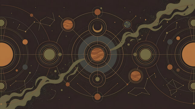 Abstract celestial map with planets and golden orbits.