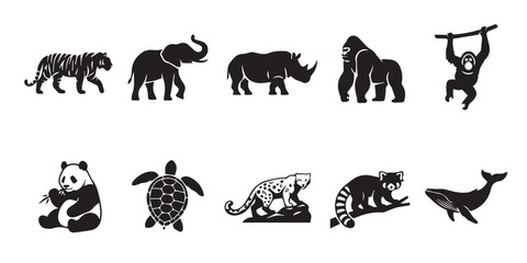 Obraz premium Collection of black silhouette wild animal icons isolated on a white background for graphic design. A set of minimalist vector animal icons including tiger, elephant, rhino, gorilla, and whale.
