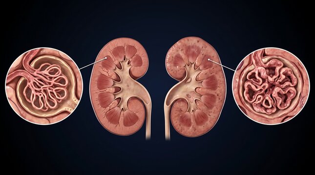 Detailed anatomical illustration of human kidneys with magnified views of glomeruli and nephrons, showcasing internal structures and filtration units.