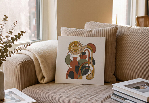 Square Canvas Art Print On Sofa Mockup