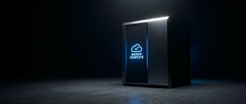 Modern server cabinet with illuminated cloud computing icon on display screen in dark environment