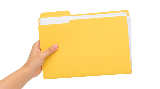 Hand holding yellow file folder with white documents isolated on transparent background