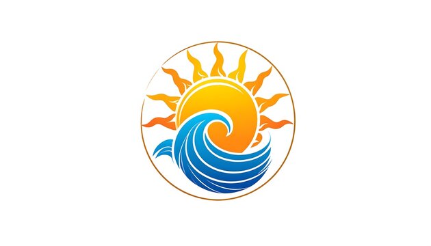 A circular logo featuring a stylized sun and wave design