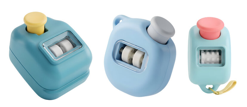 Pastel colored manual clicker tally counters featuring rotating numerical wheels and rounded ergonomic shapes designed for tracking inventory or fitness progress shown on transparent background
