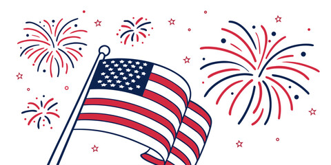 Fototapeta premium Festive american flag waving with celebratory fireworks exploding in the background usa flag fourth of july night sky