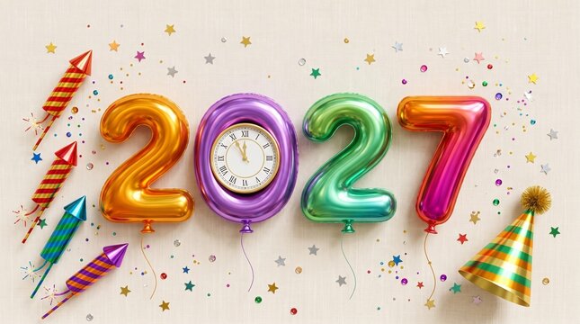 Colorful 2027 balloons with a clock face and party decorations like fireworks and hats to celebrate the new year festive holiday event for greeting cards and social media posts