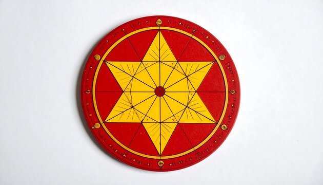 A circular red and yellow geometric design on a white background