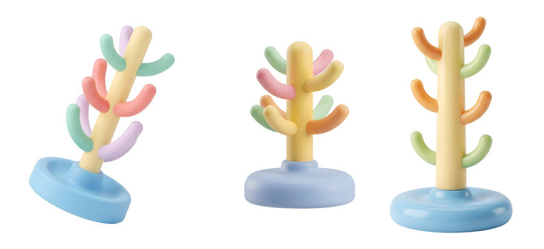 Pastel colored coat racks with soft rounded hooks arranged in different perspective views featuring smooth plastic texture and a playful vibrant style on transparent background