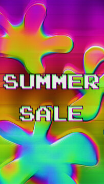 Abstract neon magenta and lime green floral glitch background with pixelated Summer Sale typography and CRT scanline distortion. Anchors a Bold Retail Marketing Social Media Banner Background.