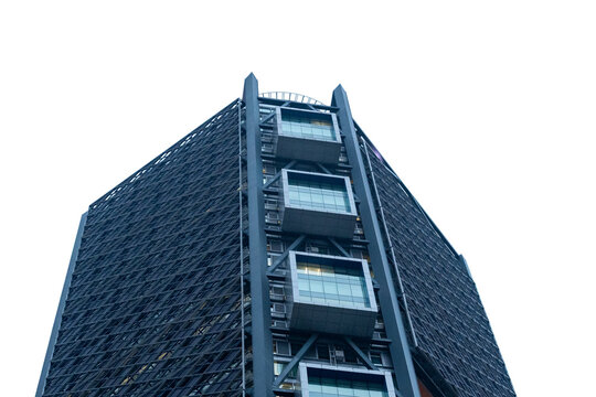 Mexico City, Mexico - January 28, 2024 - Looking up at the distinctive lattice-clad facade of Torre BBVA Bancomer on Paseo de la Reforma in Mexico City, Mexico, with cantilevered glass balcony volumes