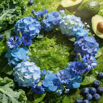 Vibrant Blue Floral Wreath with Fresh Berries Kale and Avocado on Green Moss