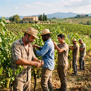 Vineyard workers harvesting grapes in rural Tuscany Italy during harvest season