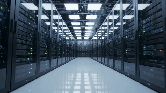 Server room interior featuring long corridor lined with rows of secure computer hardware racks and ceiling lights.