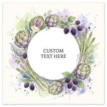 Watercolor Wreath Frame with Artichokes Asparagus Berries and Flowers