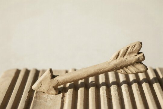 Handmade clay arrow with fletching on a fluted terracotta tile