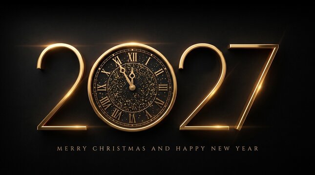 Golden 2027 new year text with a luxury vintage clock replacing the zero on a dark black background for holiday celebration greeting card design