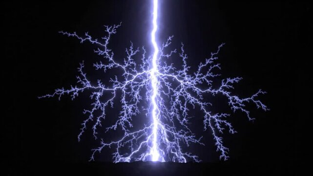 Intense blue lightning bolt discharge with complex branching patterns against a black background