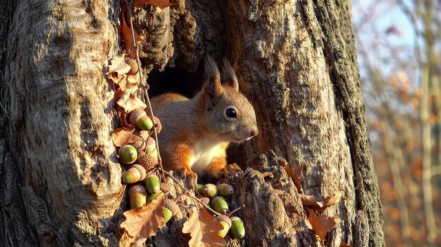 A small rodent peering out from a hollow in a rugged tree trunk during warm autumn light
