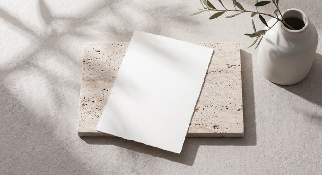 Blank stationery menu mockup on travertine stone with ceramic vase and natural leaf shadow.