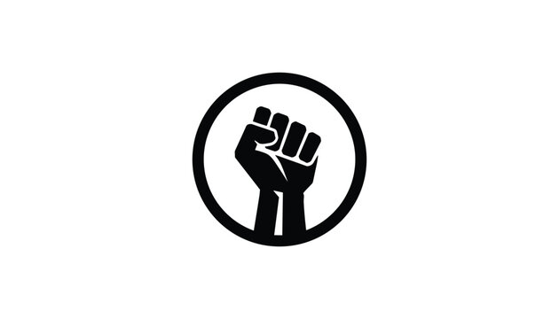 Black raised clenched fist inside a circular frame symbol of protest, power, and resistance on a white background.
