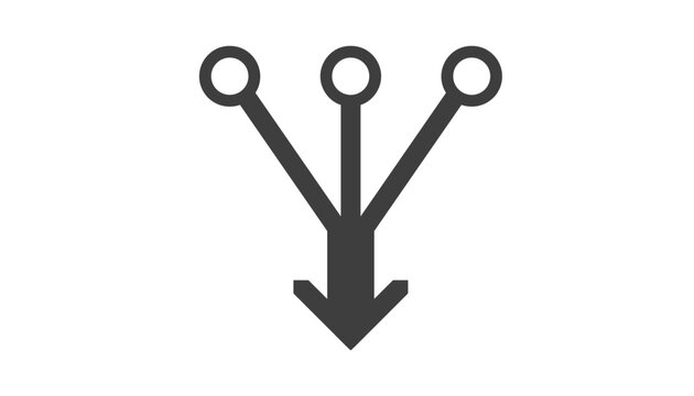 Minimalist black line icon representing data merging or three paths joining into one downward arrow on white.