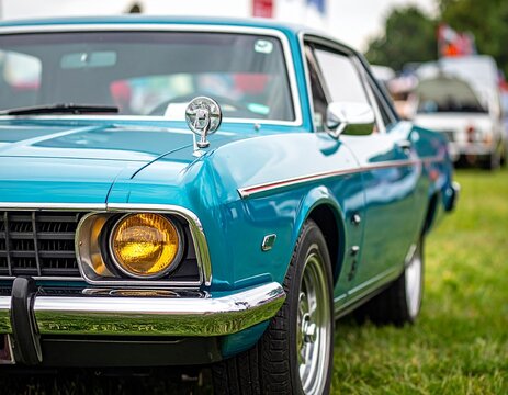 Classic teal vintage sports car with yellow headlight cover and chrome bumper parked on grass at an outdoor car show event.
