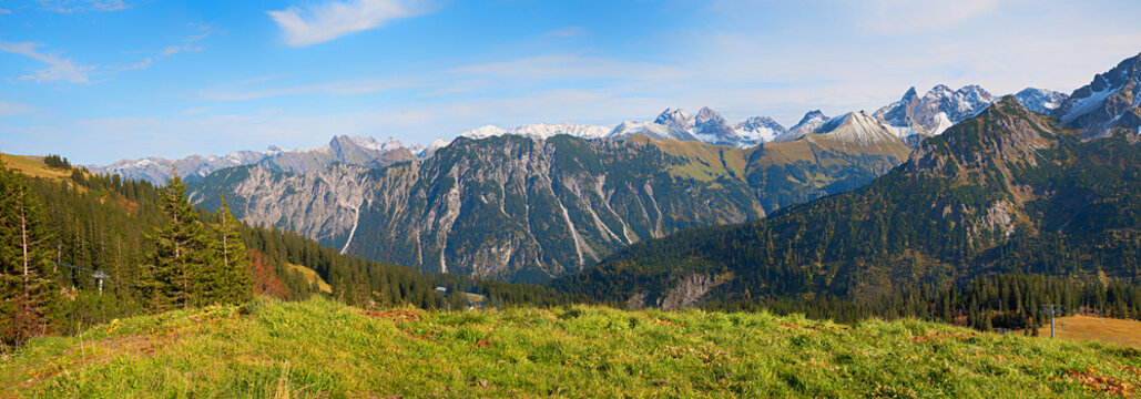 panoramic view allgau alps from hiking trail Fellhorn mountain near middle station