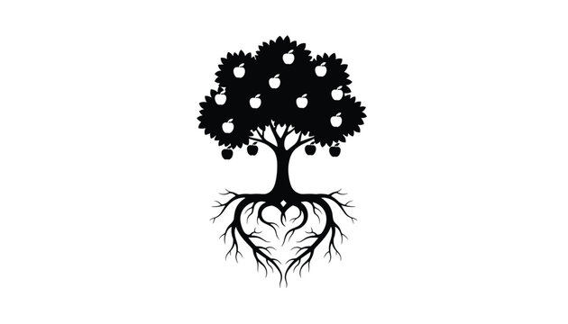 Apple tree silhouette with deep roots and white fruits on branches in a balanced symbolic black and white vector art.