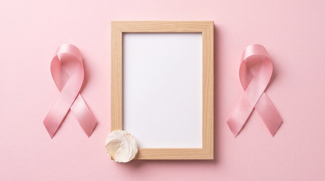 Pink breast cancer awareness ribbons with wooden frame, medical health support concept, feminine pink background with rose